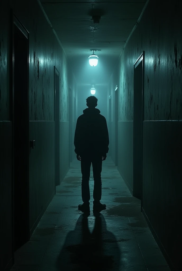 Hello, Can you generate me an image of an album cover that says in capital letters at the top?"meet me in the hallway" that looks gloomy and has Lucas Jade Zumman standing with his back turned at the end of a hallway
