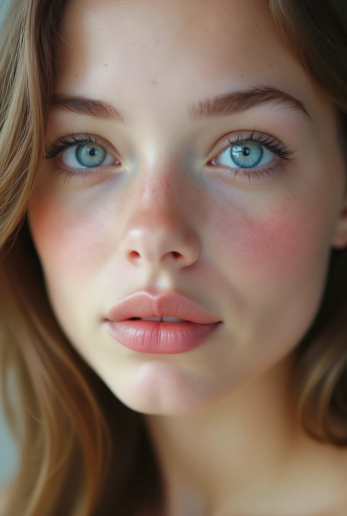 that of a beautiful woman with beautiful blue eyes and perfect white skin, smooth skin without marks, beautiful and perfect and very thick with full and perfect lips, appearing to have a delicate, childlike and innocent physiognomy