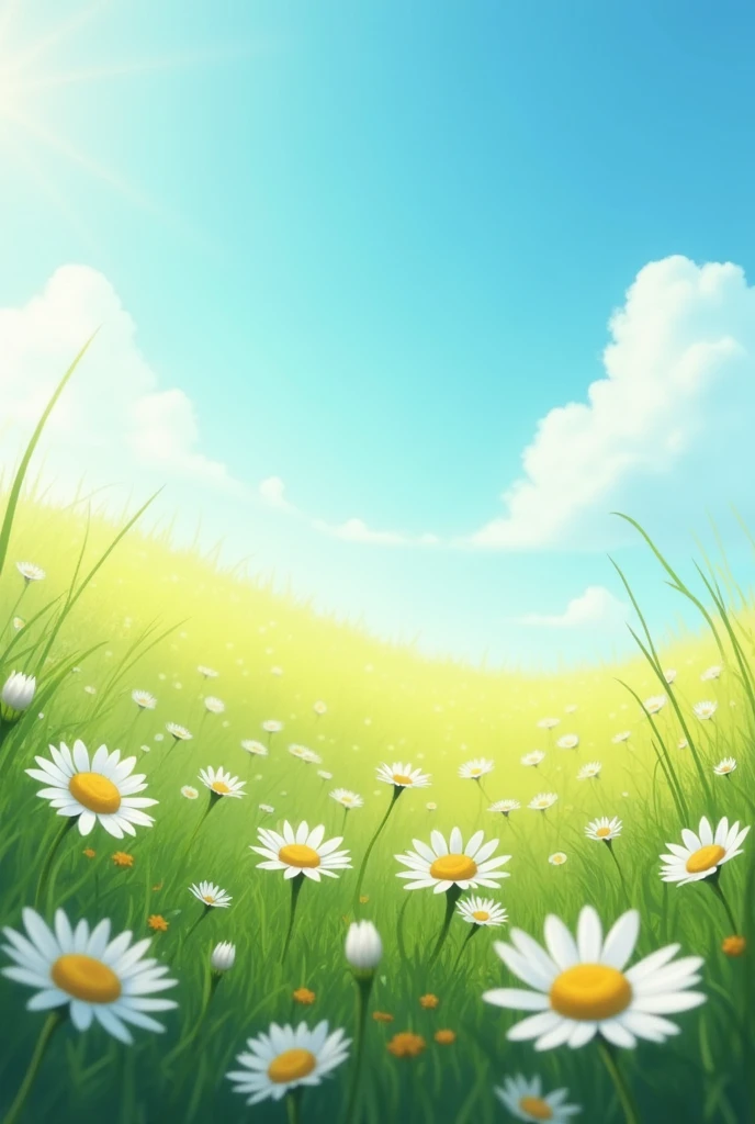 Wild daises floating in the windy blue clear sky above a green luscious grassland