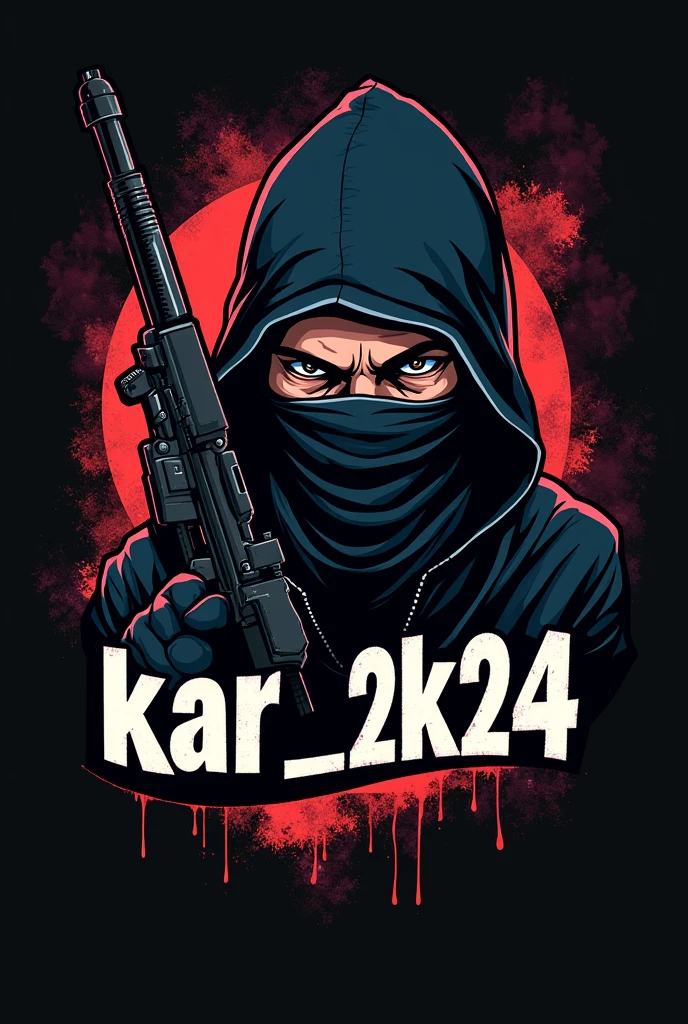 Create a logo with a gang character with his face covered in a bandana style with the name kar_2k24 holding a Snipe gun