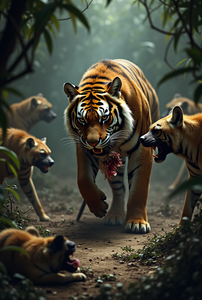 An image in which many poachers are hidden and watching at a den where an severely injured tigress is saving her cub from hyenas and beside them are dead bodies for tiger and two Poachers