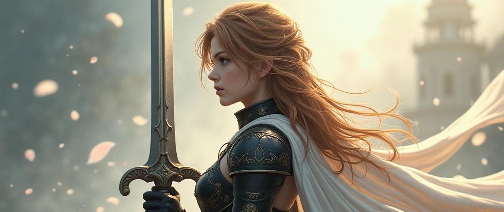 Theme of the game Final Fantasy. Image of a bronze-haired girl standing holding her favorite sword, wearing light armor in black and white, pastel colors, and dramatic tones. A masterpiece with the highest resolution , Image type surreal