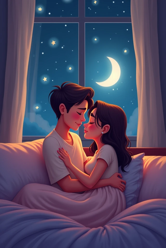 Generates an image of a couple hugging in bed at night cartoon