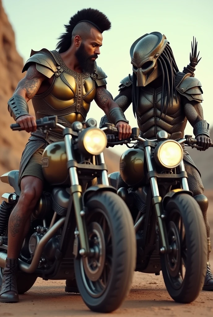 of motorcycles,A muscular Spartan and a helmeted Predator shaking hands in friendship, sitting on their motorcycles