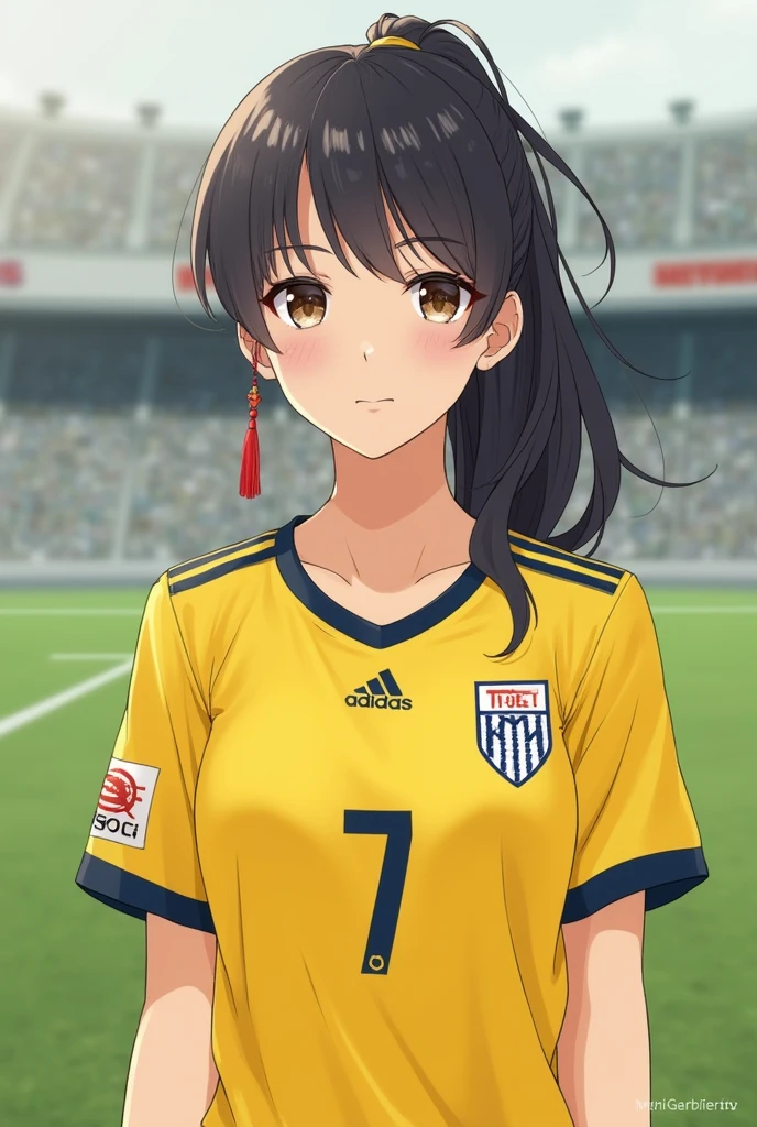 20th Generation.cute.woman.Japanese.One person.soccer.J3 League.Kitakyushu City, Fukuoka Prefecture.Giravanz Kitakyushu.Umbrian.2024authentic uniform..Toto Corporation logo on chest.Yellow uniform