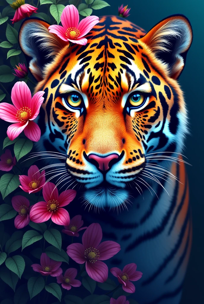 Create a fantastic Amazonian jaguar. A mix of jaguar and tiger,leopard spots on the face, flowers in the head, color full, rainbow colours,spectacular, vibrant, no signature, no watermark