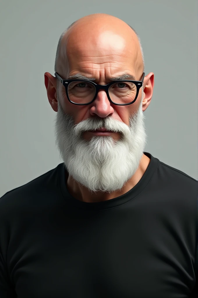 Bald Caucasian Man White Beard Aquiline Nose Glasses Round Thin Face Black T-Shirt 
