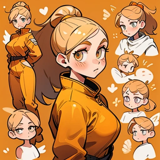 A girl with an oval face with large, expressive amber eyes. She wears subtle makeup to highlight her natural beauty.

Long, golden blonde hair, worn in a high ponytail or loose with waves. Adorned with headbands

Body with a curvy and attractive figure. Golden-toned skin

Dressed in orange and bunny suit and with fairy wings 

(((character sheet))) ((various views)) ((front and back) (Face detail) (full body)