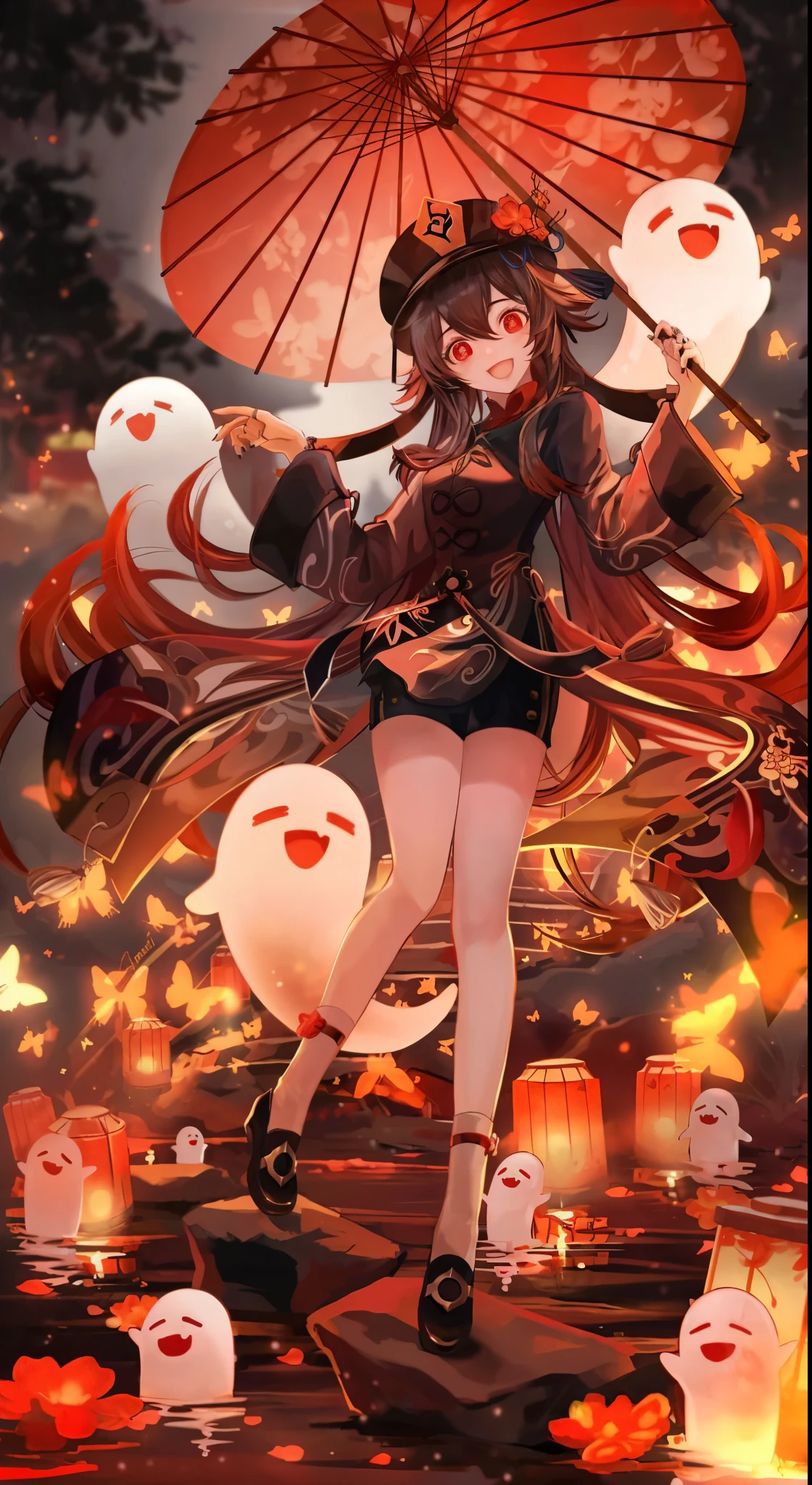 Black haired girl character, red eye,blue ghost t-shirt, shorts
