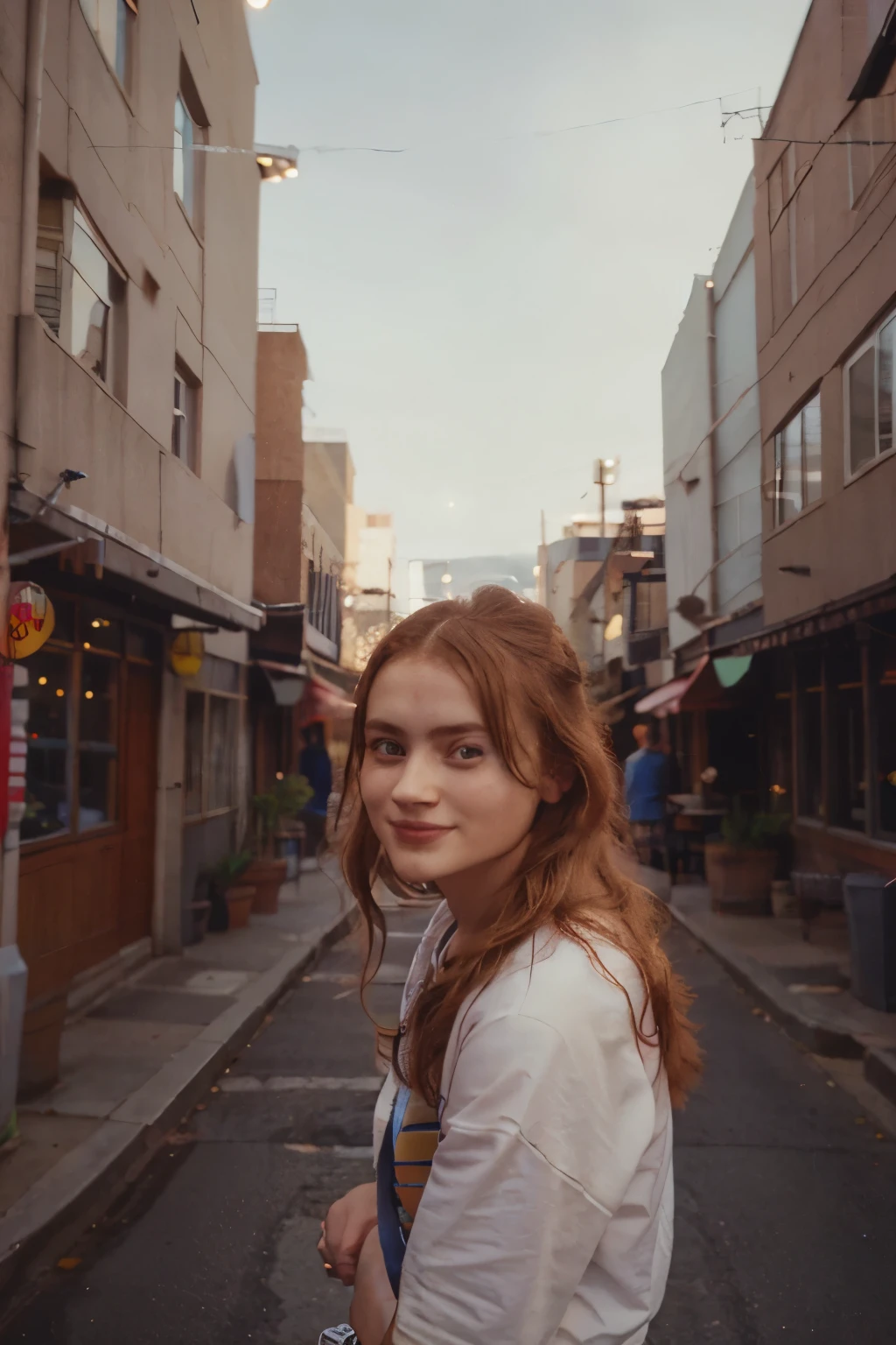 35mm, Fuji Superia 1600, ISO-1200, f/4, 0, 1/60, a night-time, dimly lit close-up portrait of ((((lora:sds-3:1)))), wearing a colorful jacket and a white t-shirt underneath, ((lora:Polaroid Type_600_B_1.1:0.5)), in front of a restaurant in a small town alley, playfully smiling at the camera.