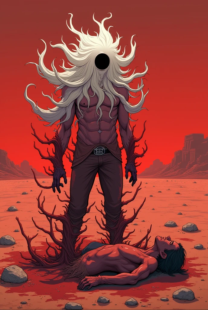 a man completely consumed by crimson roots of white hair with only one empty black eye looking at a corpse in an anime-style reddish desert planet setting