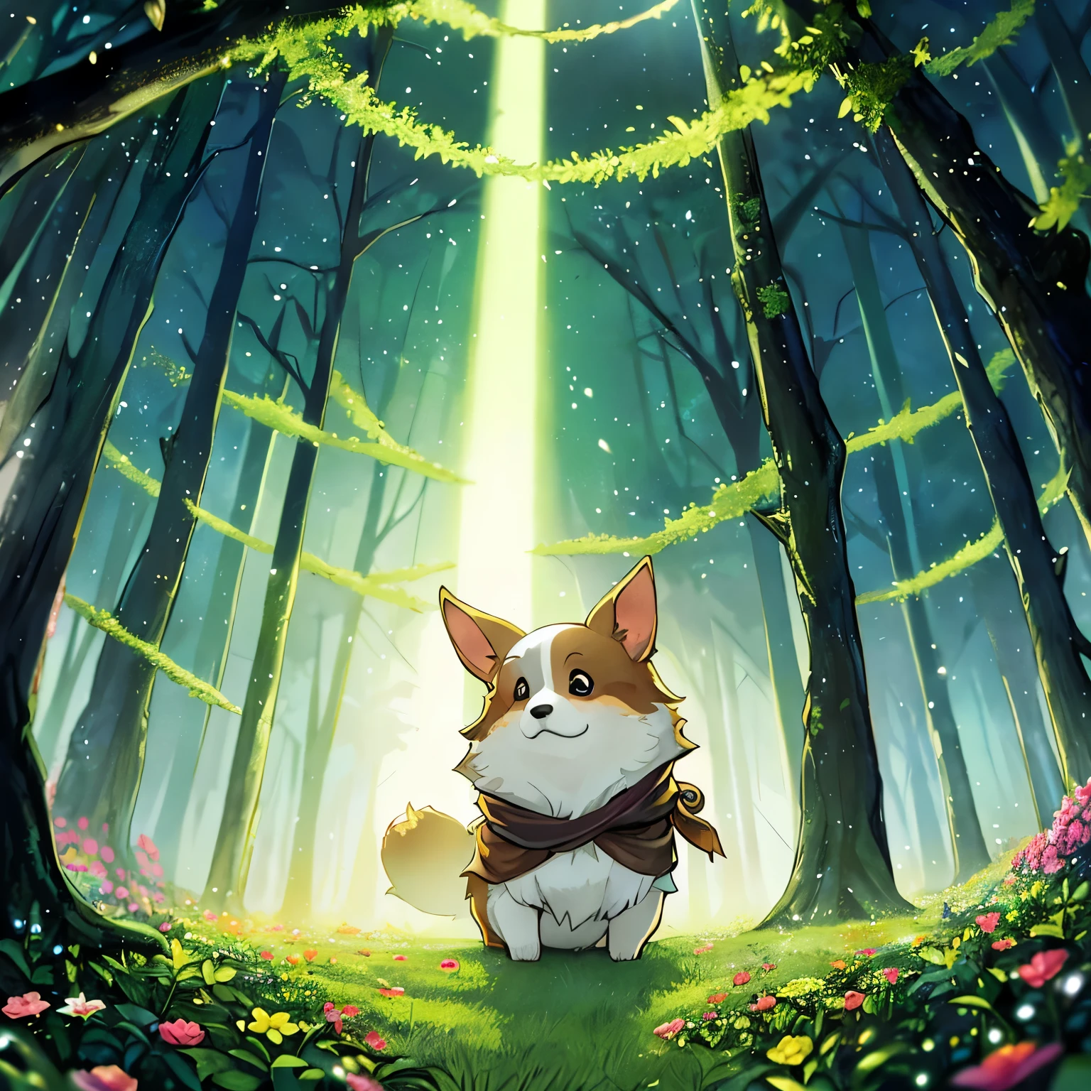 A mystical corgi, with a small cloak draped over its back, stands in the heart of an ancient, enchanted forest. The corgi's eyes glow softly as it uses its magic to make vibrant plants and flowers bloom around it. Bright green vines twist and grow from the ground, spiraling into the air, while colorful flowers unfurl their petals in response to the corgi's spell. The forest is dense with towering trees, their leaves casting dappled light onto the forest floor. Magical fireflies float around, illuminating the scene with a gentle glow. The atmosphere is serene and magical, capturing the moment of pure wonder as the corgi brings life to the forest with its enchanting powers.