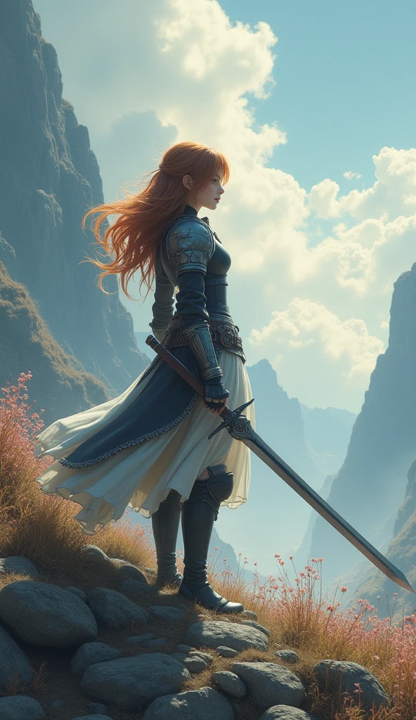 Theme of the game Final Fantasy. Image of a bronze-haired girl standing holding her favorite sword, wearing light armor in black and white, pastel colors, and dramatic tones. A masterpiece with the highest resolution , Image type surreal