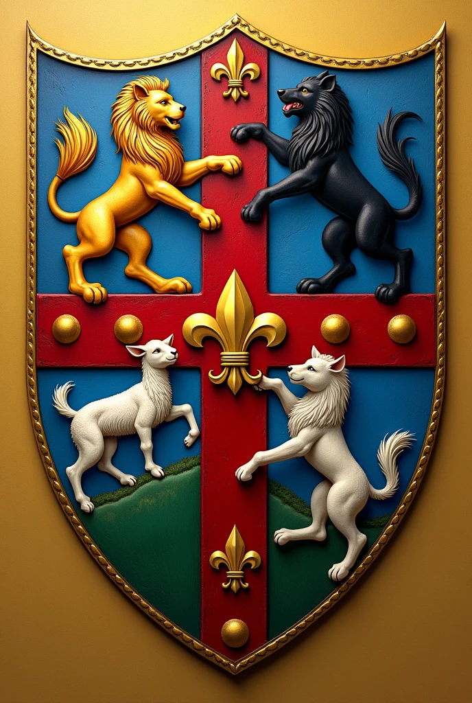 Create a shield for the Bolaños and Chacon families, respecting mythology, with a red Calatrava cross charged with five silver scallops and azure and silver wave tips, rampant lion and the green tablecloth, silver lamb on a field of gold, golden fleur-de-lis and a black wolf of saple