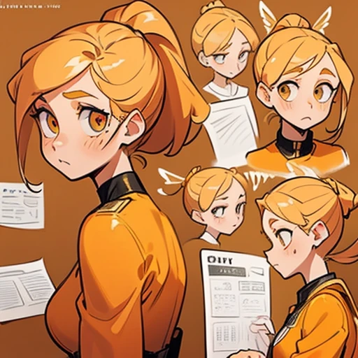 A girl with an oval face with large, expressive amber eyes. She wears subtle makeup to highlight her natural beauty.

Long, golden blonde hair, worn in a high ponytail or loose with waves. Adorned with headbands

Body with a curvy and attractive figure. Golden-toned skin

Dressed in orange and bunny suit and with fairy wings 

(((character sheet))) ((various views)) ((front and back) (Face detail) (full body)