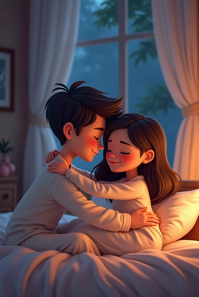 Generates an image of a couple hugging in bed at night cartoon