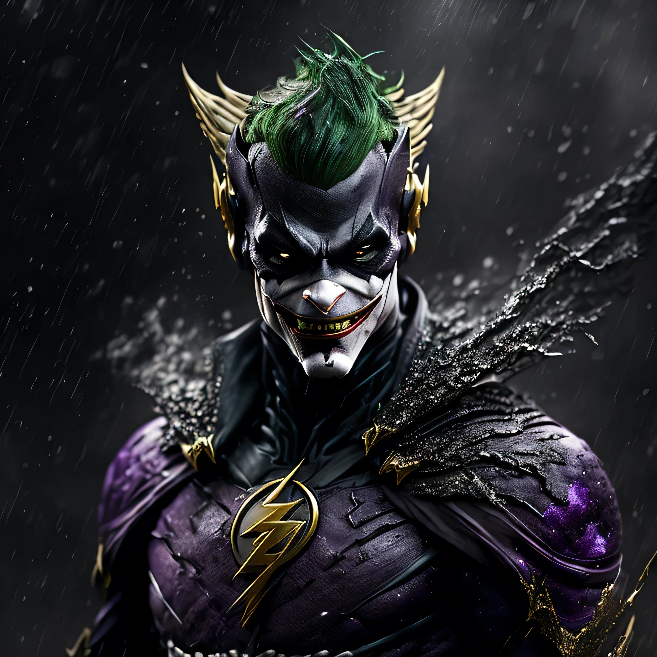 Close-up (Joker Black Flash from DC in Viking style: 1.3) emerging from wet black mud, extremely detailed, smoke, sparks, metal shavings, flying debris, volumetric light