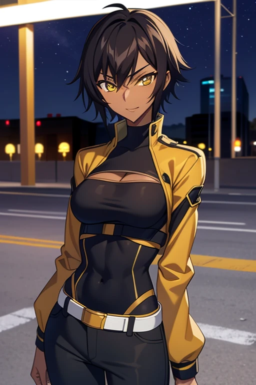 Code Geass style, outdoors, Empty City at Night, 1girl, solo, 26 years old, tomboy, Short Black Hair, (tan-bronze skin), yellow eyes, medium breasts, cleavage, (Midriff), (Wearing: opened blue jacket, Strapless black top, Belt, Black Tight Pants), toned, hourglass figure, athletic, agile physique, snarky expression, looking at viewer, wide smile, (agile physique:1.1), upper body , ((masterpiece))