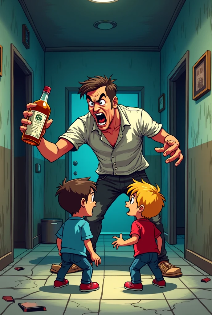 A man yelling at two scared children in his low-income home with a bottle of alcohol in cartoon style