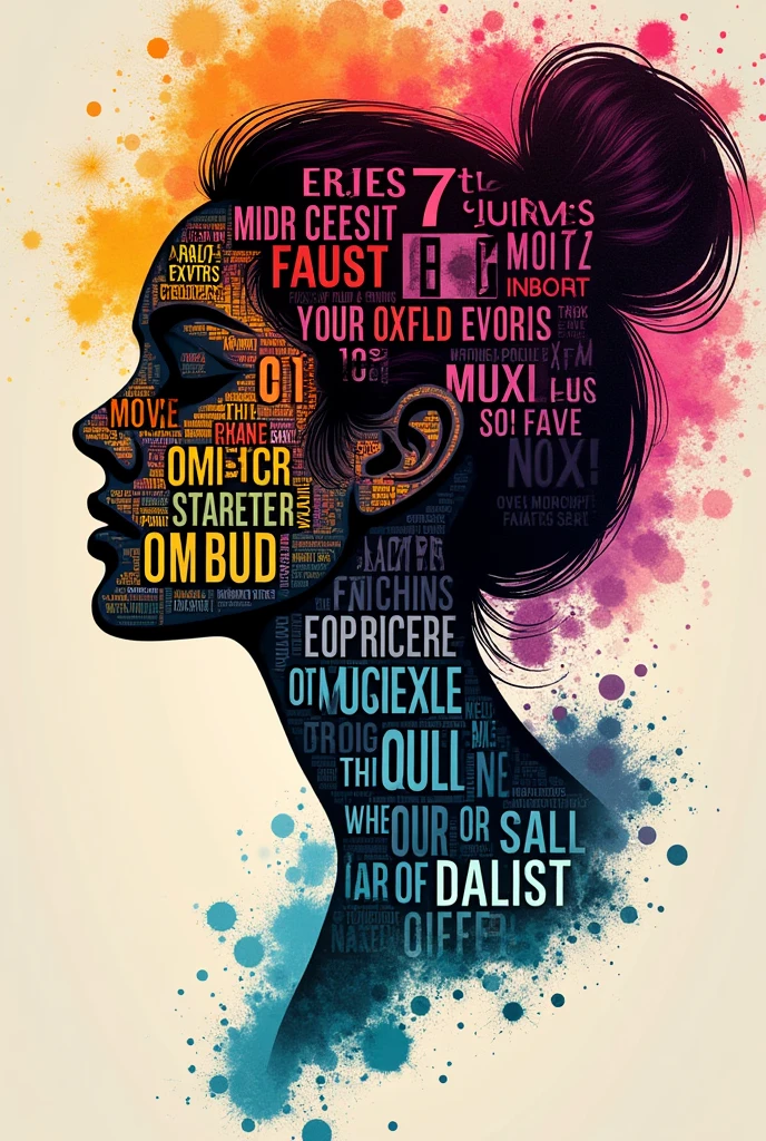 [Core Concept] A visually striking typography poster featuring a silhouette of a woman's face composed of colorful text. [Character Description] The woman's facial features are formed by the placement of the text, creating an appealing and expressive portrait. [Environment/Background] The background is set against a vibrant multi-colored palette, adding a dynamic and eye-catching element to the design. [Style and Mood] The overall aesthetic is modern, bold, and artistic, resulting in a playful and visually appealing composition. [Composition] The text is expertly arranged to flow and curve to seamlessly integrate with the woman's facial structure, creating a harmonious and visually appealing piece. [Details and Embellishment] Individual letters and words are rendered in a variety of colors, textures, and styles, adding depth and visual interest to the typography-based portrait. [Technical Specifications] This digital artwork is suitable for high-quality printing as a poster, with a resolution and file format suitable for professional printing, (psychedelic art:2.0)
