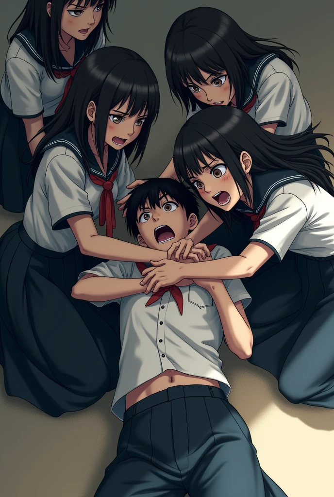 Group of school girls in long black skirts strangling a boy with their hands on the floor in anime