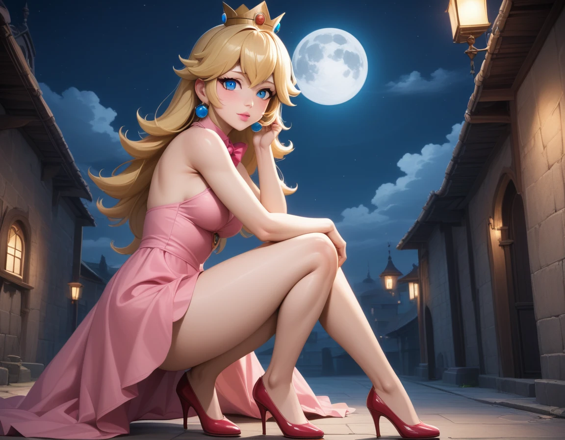 (score_9 score_8_up score_7_up:1.2), (ai-generated:1.2), (Maximize Detail Slider:1.5), (Insanely Detail:1.5), (source_anime:1.5), (highly natural:2.0), (ambient occlusion:2.0), princess peach (mario series), (Morphing:2.0), (4k:2.0), (DLSR:2.0), 1girl, thighs, outdoors, dress, short dress, solo focus, standing (bent over), looking at viewer, long hair, straight hair, crown, high heels, breasts, night, golden crown, pink dress, white panties, princess peach (genshin impact), blonde hair, pink lips, back alleyway, grafitti, girl high heels, night sky, looking at viewer, moon light, blue eyes, medium breasts, earrings, clouds, bare thighs, bowtie, thick thighs, glowing pupils, bangs, from side.