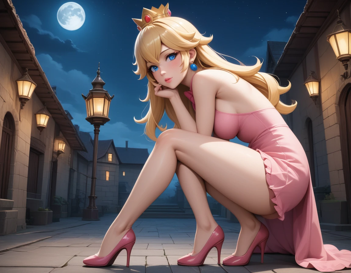 (score_9 score_8_up score_7_up:1.2), (ai-generated:1.2), (Maximize Detail Slider:1.5), (Insanely Detail:1.5), (source_anime:1.5), (highly natural:2.0), (ambient occlusion:2.0), princess peach (mario series), (Morphing:2.0), (4k:2.0), (DLSR:2.0), 1girl, thighs, outdoors, dress, short dress, solo focus, standing (bent over), looking at viewer, long hair, straight hair, crown, high heels, breasts, night, golden crown, pink dress, white panties, princess peach (genshin impact), blonde hair, pink lips, back alleyway, grafitti, girl high heels, night sky, looking at viewer, moon light, blue eyes, medium breasts, earrings, clouds, bare thighs, bowtie, thick thighs, glowing pupils, bangs, from side.