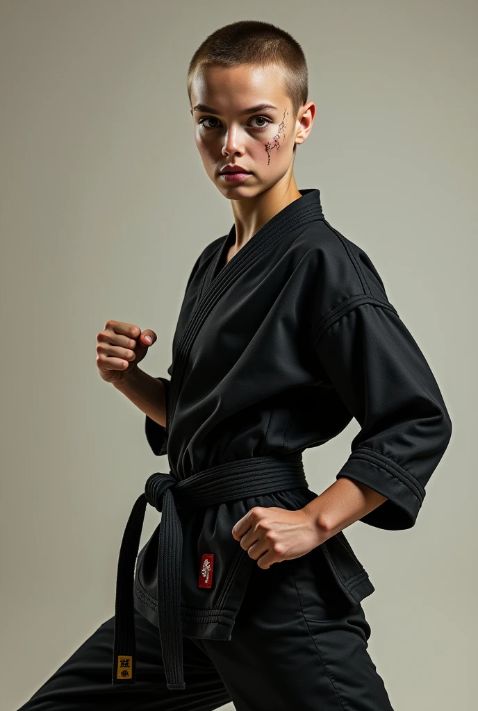 A girl with features similar to Dove Cameron, with a scar on the cheek, hair cut to the chin and in a fighting stance, wearing a black karate suit