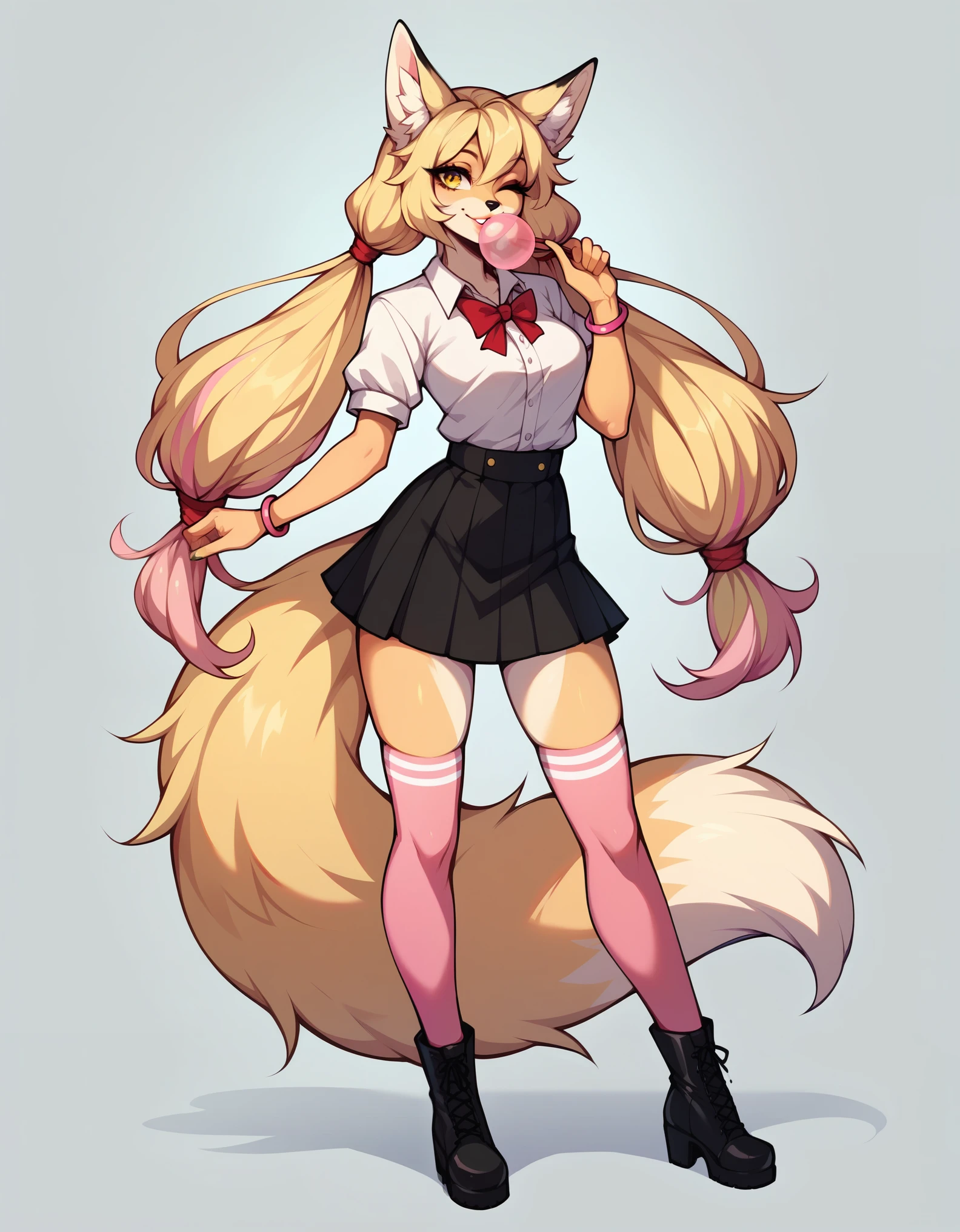 Solo, score_9,score_8_up,score_7_up, Kimiko, Anthro, Anthro furry blonde fox girl, blonde fur, long blonde hair, hair in pigtails, pink highlights in hair, yellow eyes, winking, one eye closed, smiling, fox ears and tail, she is wearing white preppy blouse, black skirt, black pump boots, pink thigh high socks, pink bracelets, lips puckered, blowing a bubble with bubblegum, bubblegum bubble in mouth, playful sexy pose, standing, hands to her side, 