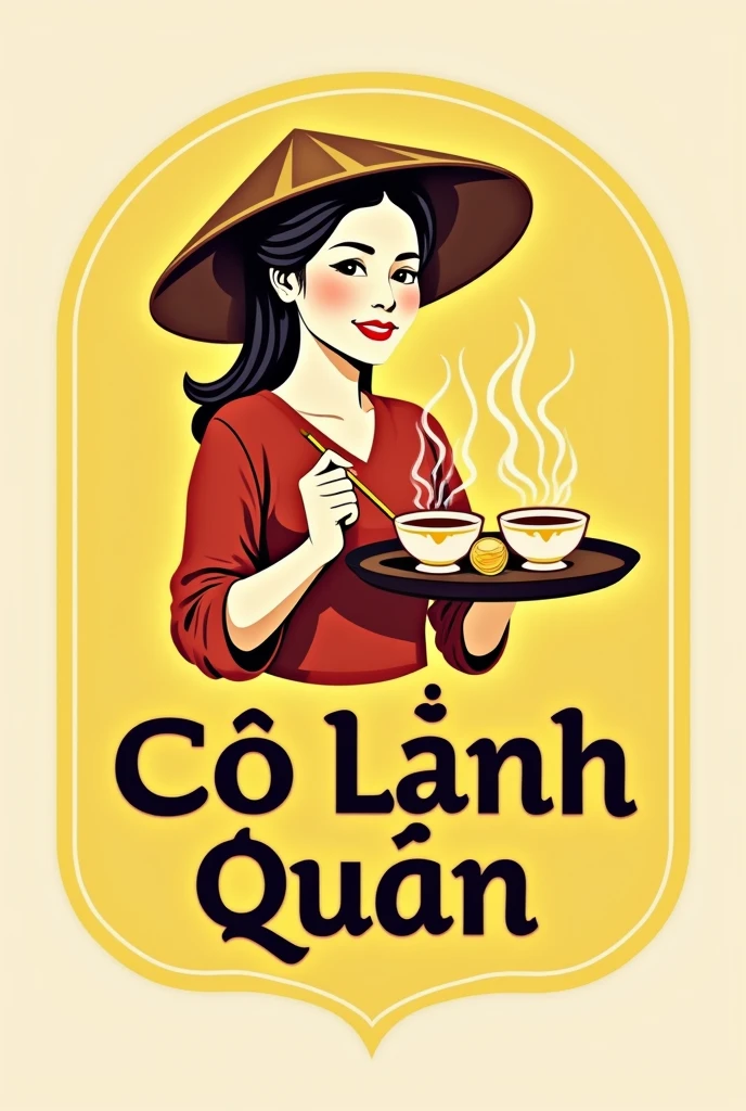 This is a vintage-style logo for a food service called“Cô Lành Quán”. The logo has a woman wearing Việt Nam conical hat holding disk of "cups of banh beo". The color is mostly yellow, and the text is bold