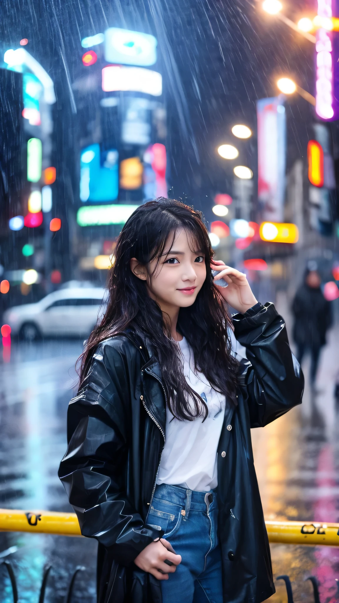 A woman, rain-soaked hair, rain-soaked clothes, messy hair, whole body wet with rain, 20 years old, beautiful, pretty face, cute face, rainy cityscape