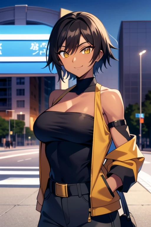  outdoors, Empty City at Night, 1girl, solo, 26 years old, tomboy, Short Black Hair, (tan-bronze skin), yellow eyes, medium breasts, cleavage, (Midriff), (Wearing: opened blue jacket, Strapless black top, Belt, Black Tight Pants), toned, hourglass figure, athletic, agile physique, snarky expression, looking at viewer, wide smile, (agile physique:1.1), upper body , ((masterpiece))