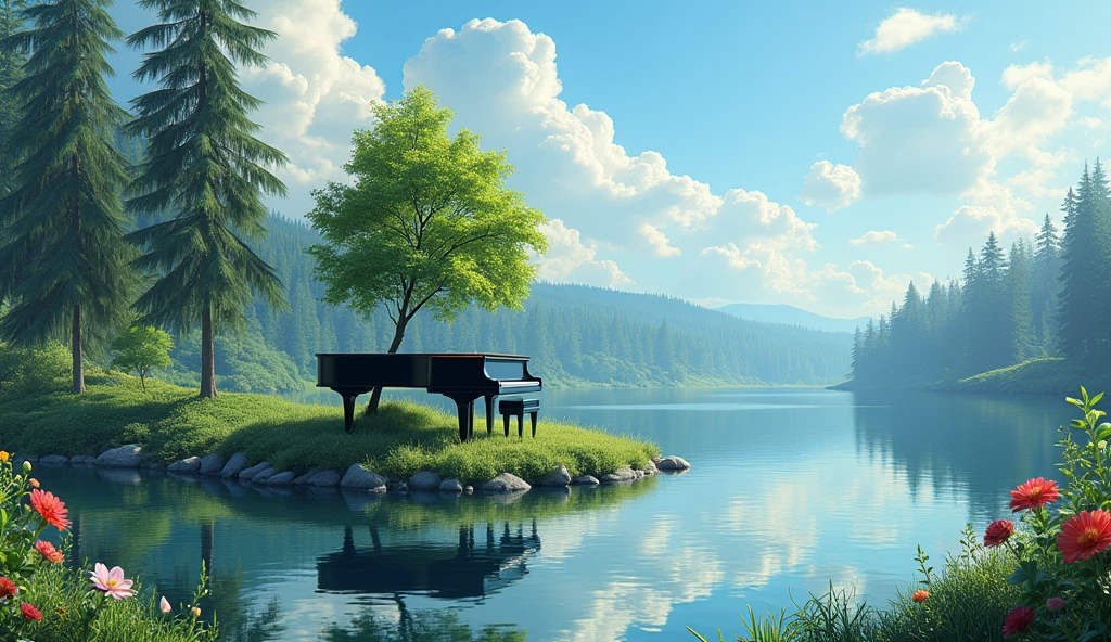 "Black grand piano、It sits on a small island in the middle of a calm, reflective lake.。Blooming flowers all around々and lush greenery spreads out、Tall pine trees in the distance々I can see。Soft fluffy clouds float in the sky、Sunlight pours in、It creates a calm and dreamy atmosphere.。The tranquility of natural scenery、To portray the elegance of the piano in a realistic and detailed way。"
Green foliage tree