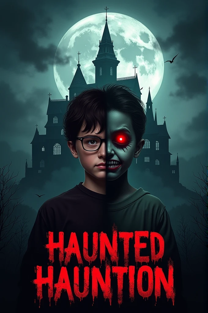 Create a thumbnail featuring a haunted mansion at night under a full moon, with dark clouds and eerie lighting. On the left side, show a person with a serious expression, wearing glasses, standing confidently. On the right side, depict a child with one half of their face normal and the other half transformed into a demonic version with glowing red eyes and sharp teeth. Use bold, blood-red text in a horror font that says 'Haunted Mansion' at the bottom