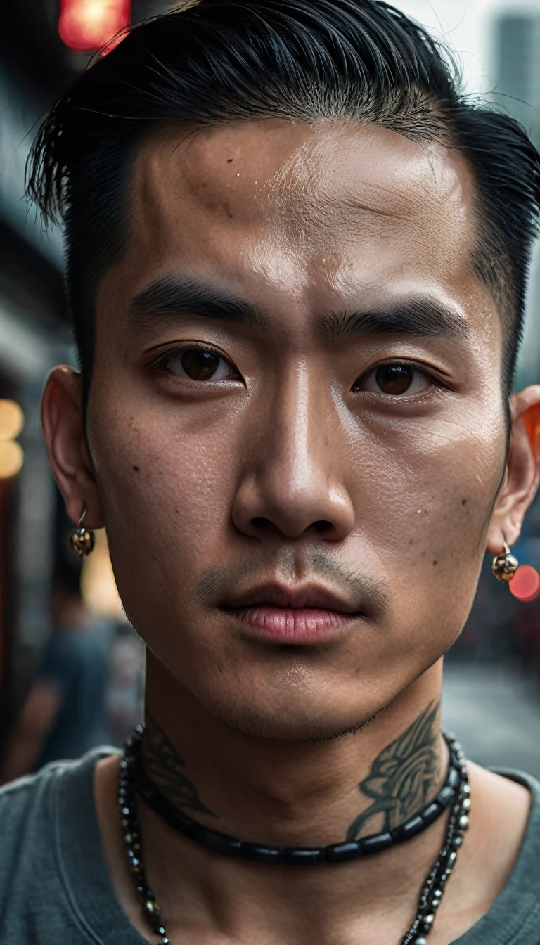 Photo of a young Vietnamese man, full-body, gentle features, muscular, tattooed, wearing a necklace, hair tied up, street scene, gangster style, romance. Kind, slightly curved lips suggesting a faint smile. Wide, almond-shaped eyes with a deep, melancholic gaze. Eyebrows slightly furrowed, conveying inner turmoil. Eyes are filled with sadness and longing. 
Smooth forehead with a hint of worry lines. 
The atmosphere is tense and foreboding, with a hint of supernatural energy. 
HongKong cinema. Hyper-realistic digital painting style with fine details. High-resolution image emphasizing texture of skin and eyes. Hyper-realistic digital art style, high contrast, dramatic lighting. Cinematic lighting, high detail, 8k, artstation, conceptual art, dark fantasy. Photo taken with Canon EOS R5 85mm f/11 camera, ((sharp)) mode of people and surrounding scenery. Image quality ((8K)), ((realistic)), ((masterpiece)), ((sharpest and highest contrast)), ((excellent depth of field)), ((stereoscopic lighting)), ((Kind, nice)), detailed pores.