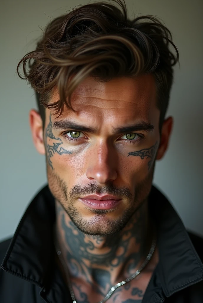 Brown haired man with green eyes tattooed
