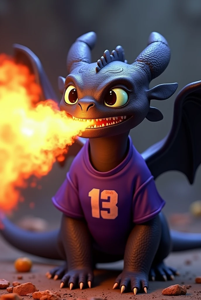 Toothless' purple team shirt spitting realistic fire