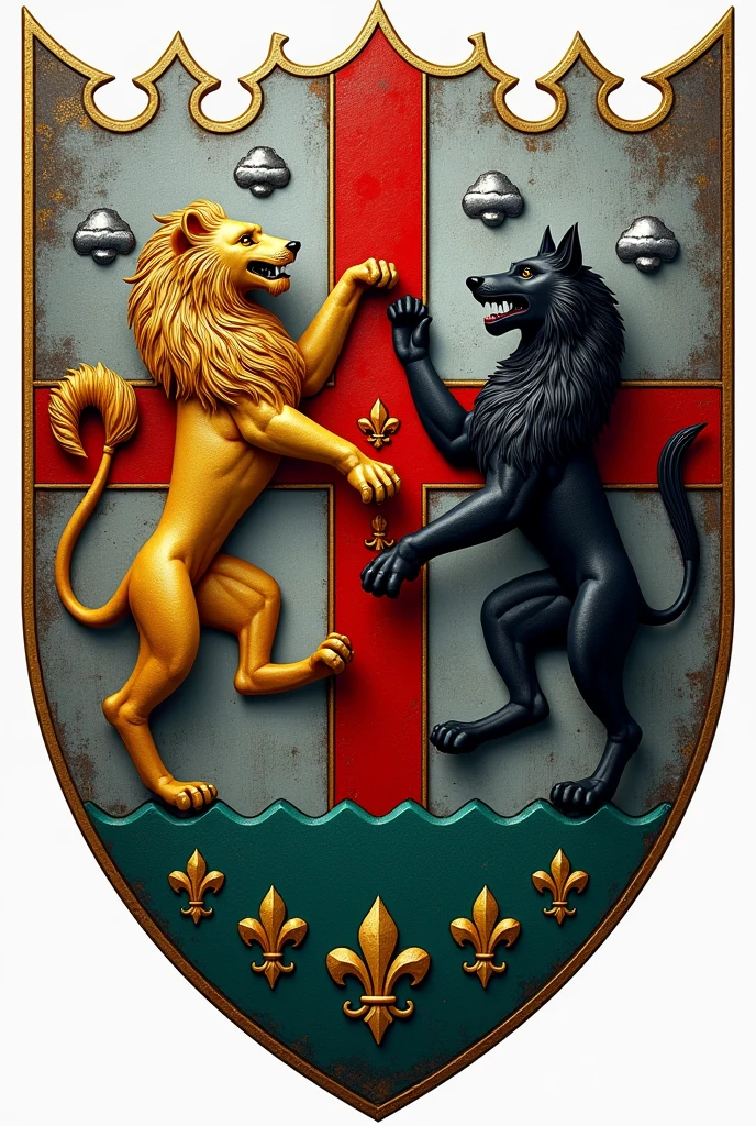 Create a shield for the Bolaños and Chacon families, respecting mythology, with a red Calatrava cross charged with five silver scallops and azure and silver wave tips, rampant lion and the green tablecloth, silver lamb on a field of gold, golden fleur-de-lis and a black wolf of saple