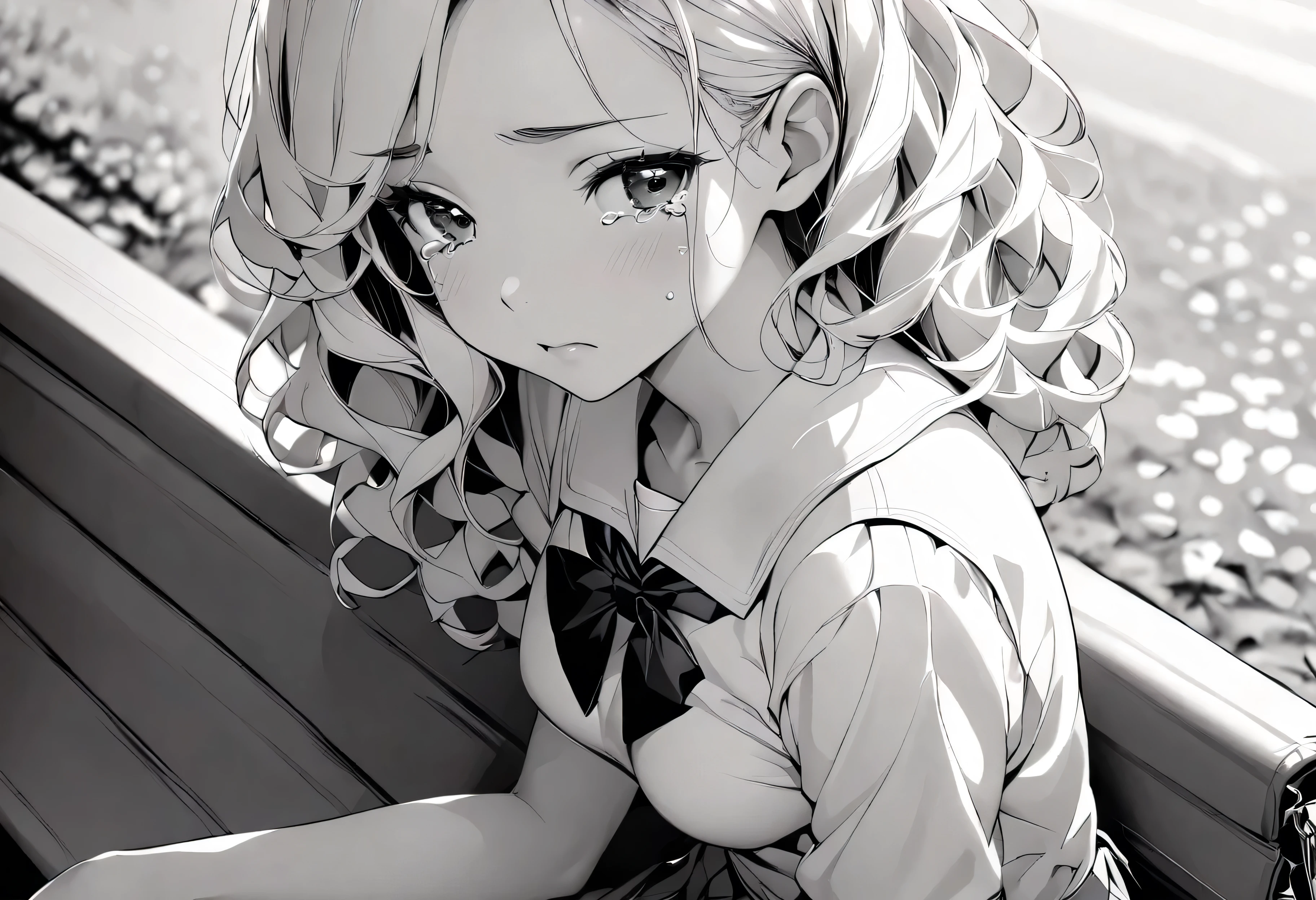 masterpiece, best quality, 1 girl, (20-years-old:1.5), solo, (slim:1.8), tall:1, short hair:0.8, wavy hair, (double eyelid), school uniform,  ((Sitting bench)), park, student bag on side, small breast:0.5, (beautiful like an actress), tears, (llooking right:1.5), Turning Head Away,Gazing at Something Off-Frame, lineart, (monochrome:1.7), (cowboy shot), from above, clean line drawings,