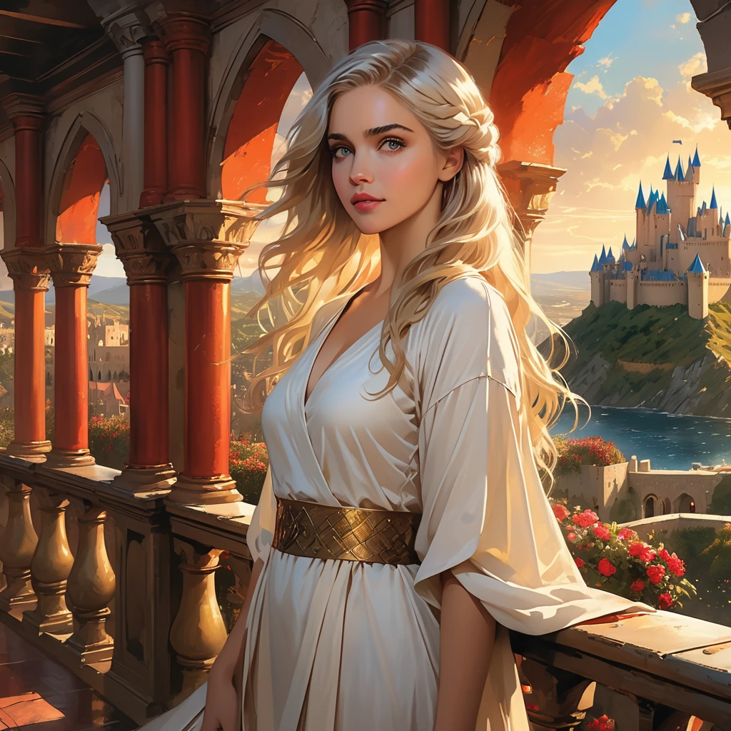 oil painting of (koh_emiliaclarke), (long hair:1.1), (standing in a balcony), (white tunic:1.1), perfect thighs, (game of thrones castle in the background:1.2), atmospheric lighting, cinematic composition, concept art, digital illustration, detailed, art by brian m viveros and maciej kuciara and mark keathley, natural light, 4K, high-detail, ((perfect eyes)), (detailed pupils), dimly lit, (white hair:1.3)