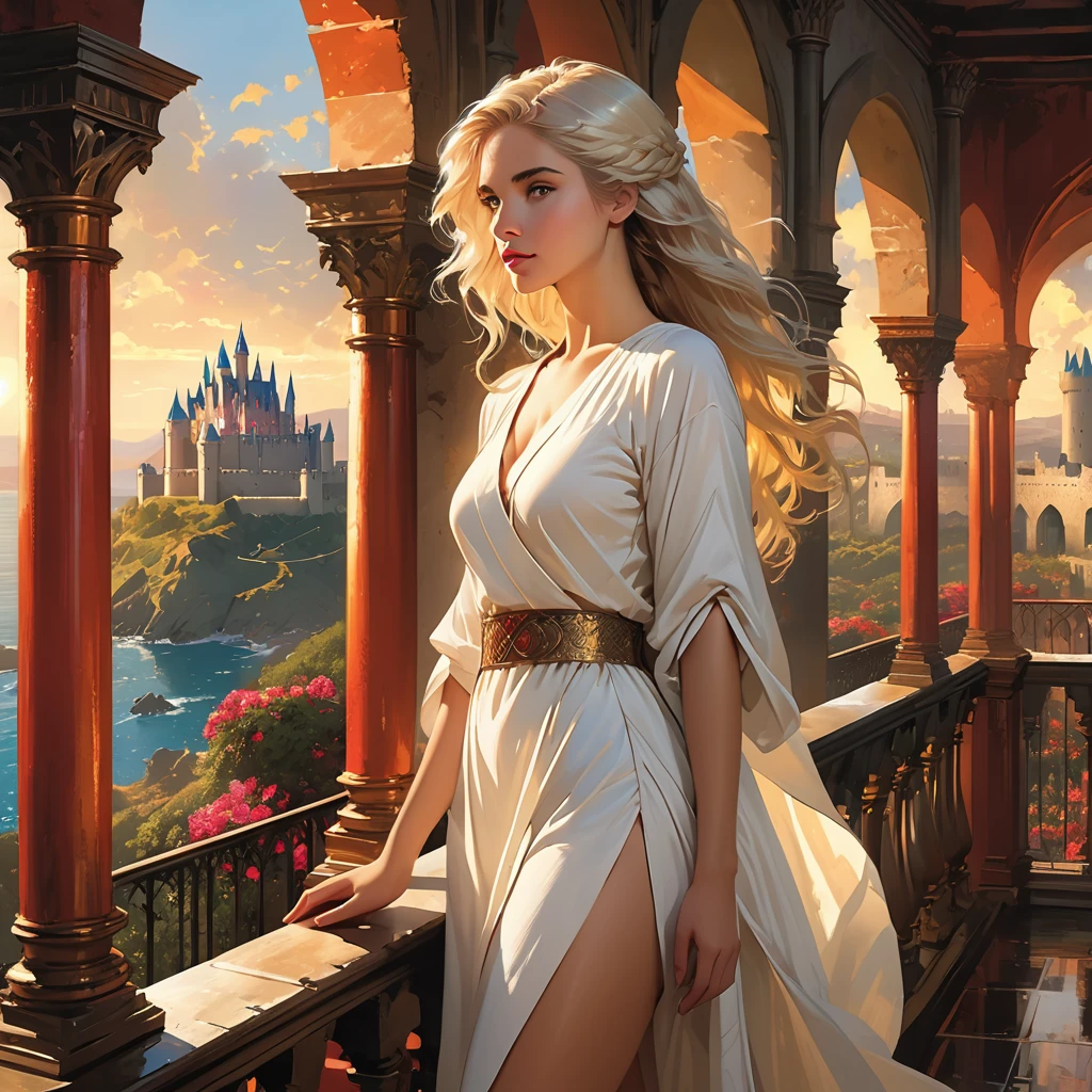 oil painting of (koh_emiliaclarke), (long hair:1.1), (standing in a balcony), (white tunic:1.1), perfect thighs, (game of thrones castle in the background:1.2), atmospheric lighting, cinematic composition, concept art, digital illustration, detailed, art by brian m viveros and maciej kuciara and mark keathley, natural light, 4K, high-detail, ((perfect eyes)), (detailed pupils), dimly lit, (white hair:1.3)