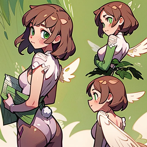 Sweet and gentle face, with bright green eyes and a kind expression.

Long, light brown hair, loose with soft waves. With flowers in her hair.

With a slim and natural body figure. Olive-toned skin.

Dressed in pink and fiusha erotic Lingerie  and with fairy wings 

(((character sheet))) ((various views)) ((front and back) (Face detail) (full body)
