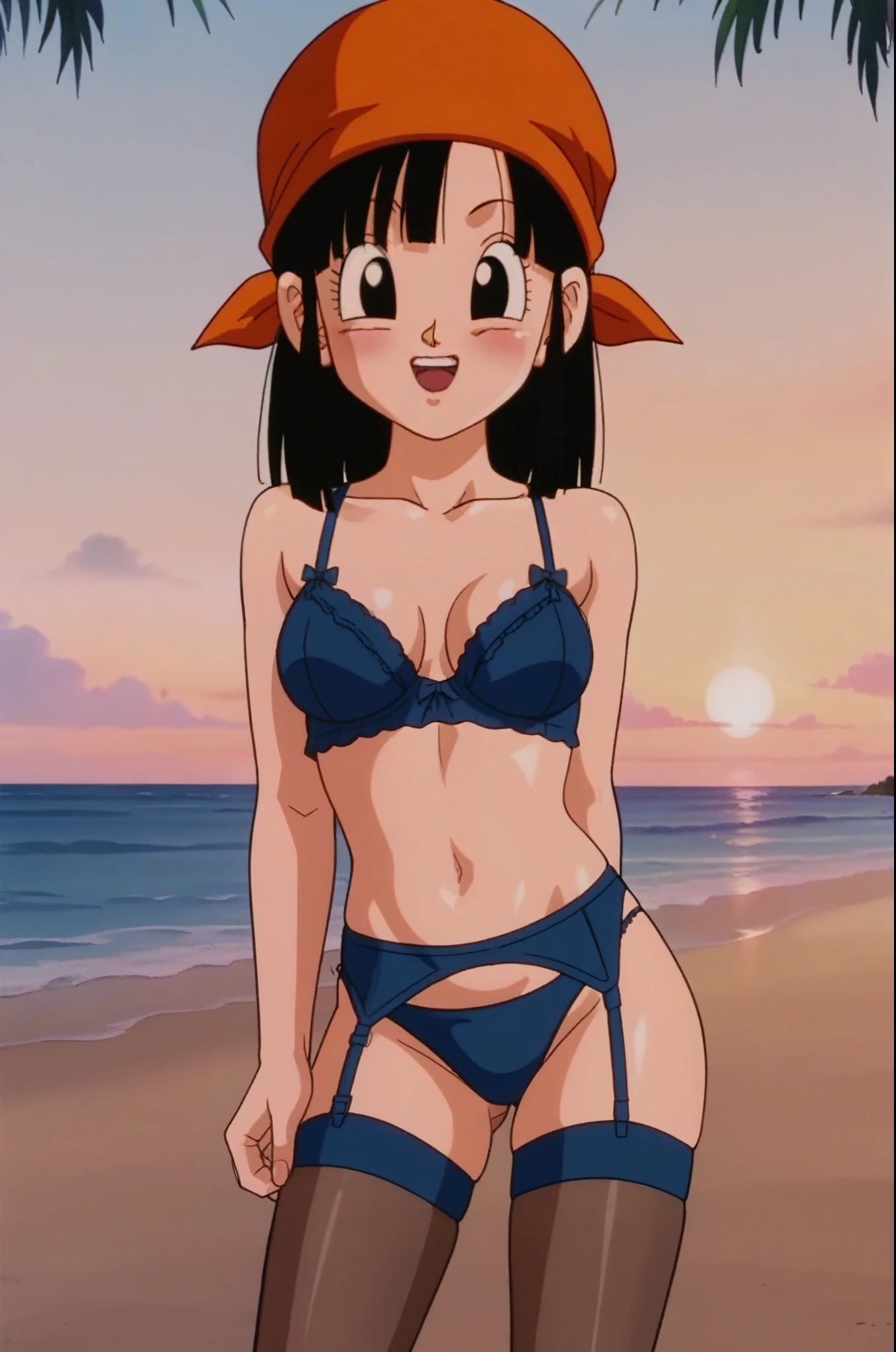 source_anime, score_9, score_8_up, score_7_up, anime screencap, 
pangt, 1girl, bangs, blushing, sexy face, grass, black hair, sunset, Watching the sunset, beach in open sea sunset, sun, collarbone, whole body, teeth, blunt bangs, outdoors, black eyes, eyelashes, upper teeth only, retro artstyle, , 1990s \(style\), orange headwear, underwear, lengerie, lingerie, mesh stockings, transparent tights, melancholic, thoughtful, hand on the chin, medium ass, breasts, sexy