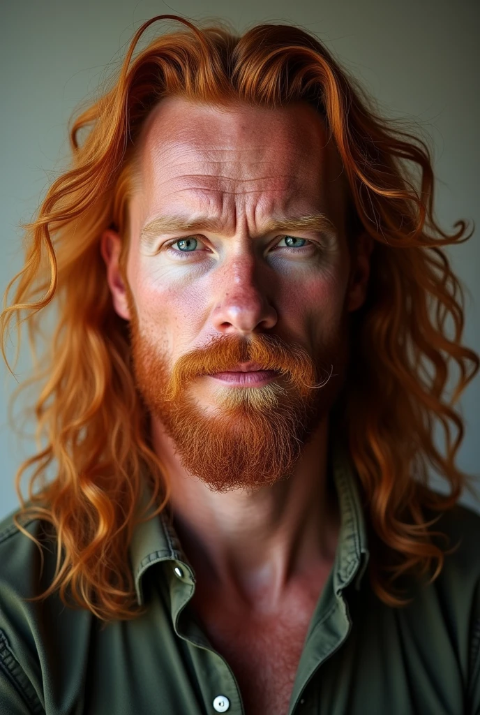 Realistic photo of redhead men with long hair
