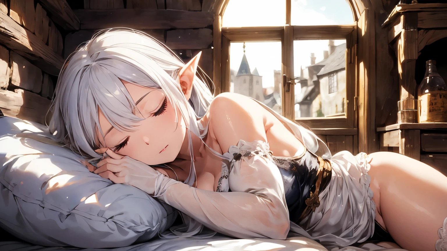 medieval inn scene room with an cute and sexy white body skin and long white hair elf girl sleeping closed eyes. She is feeling the gentle breeze as the sun shines through the medieval window.