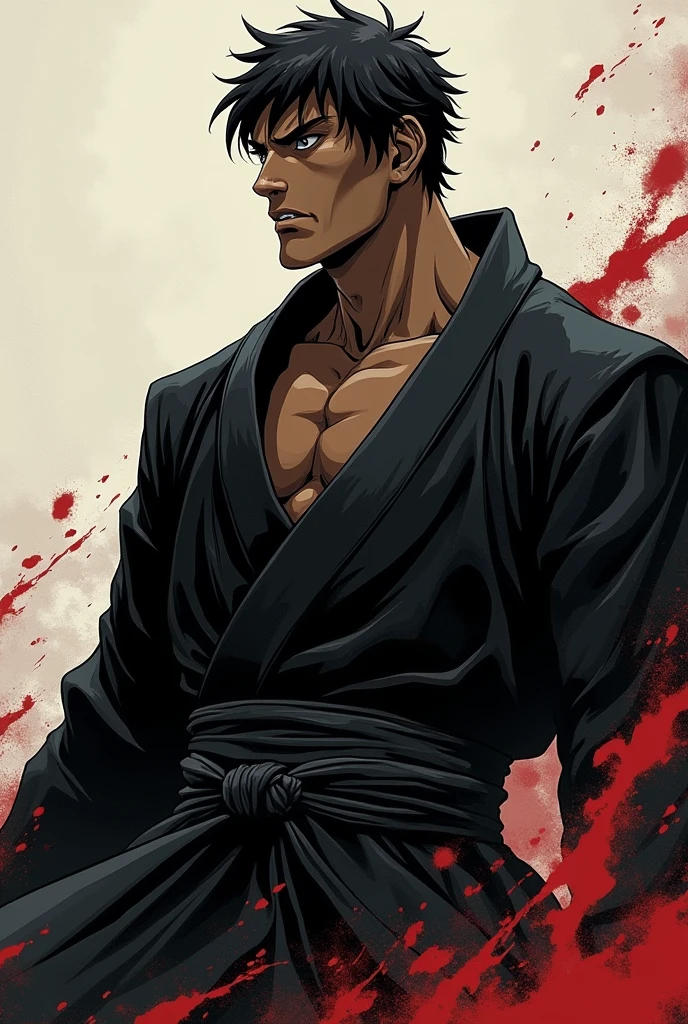 man, Ten years, Fighting posture, dark skin, Wearing a black robe, Berserk art style, Kentaro Miura's art style, good anatomy, Perfect eye positioning, Sharp features, Express confidence