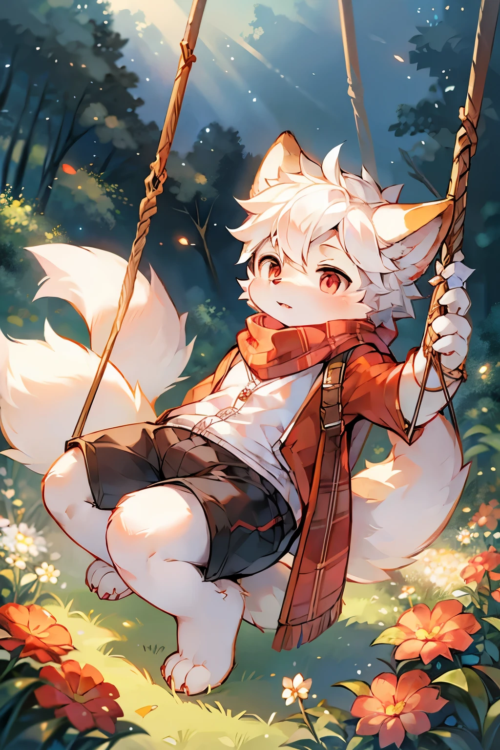 Pomeranian boy,Furry boys, characteristics,Red pupil,White skin,White Arm,White hair,scarf,shorts,Forest Background,Flowers,Swing