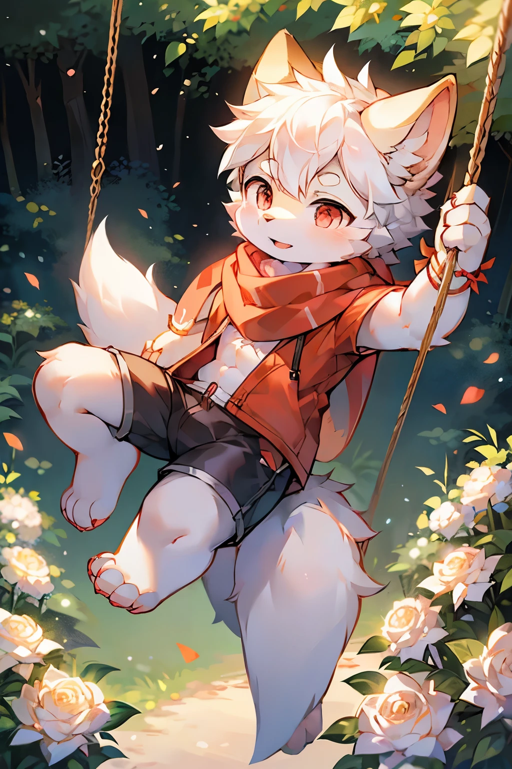 Pomeranian boy,Furry boys,Baby characteristics,Red pupil,White skin,White Arm,White hair,scarf,shorts,Forest Background,Flowers,Swing