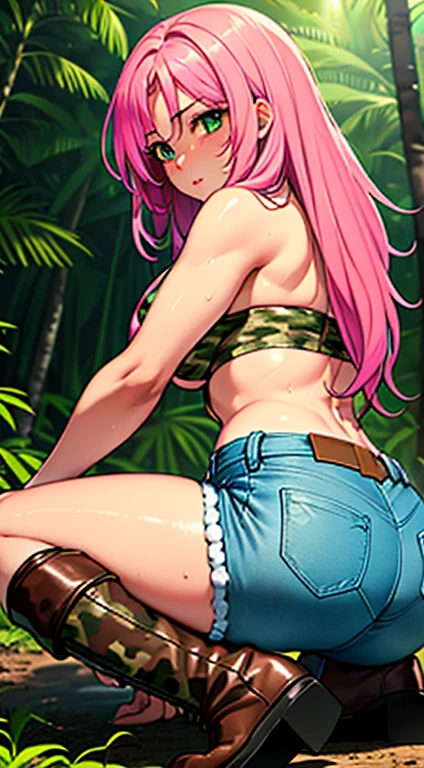 highest quality，(masterpiece)，(((Whole body image)))，(girl１)， (Highly detailed face), Grim face, Beautiful lips,（Big green eyes)，(Smooth long straight pink hair:1.5）,(strong pink hair:1.6),(Denim hot pants:1.3),(Camouflage pattern tube top:1.3),(Brown leather boots:1.2),(Knife in one hand:1.3)，in the forest，In the jungle，Woman in survival mode，Sexy thighs，Heat，Sweat heavily，Tropical forests，During a break，sit cross-legged on the ground,The way the light shines is beautiful, Beautiful buttocks