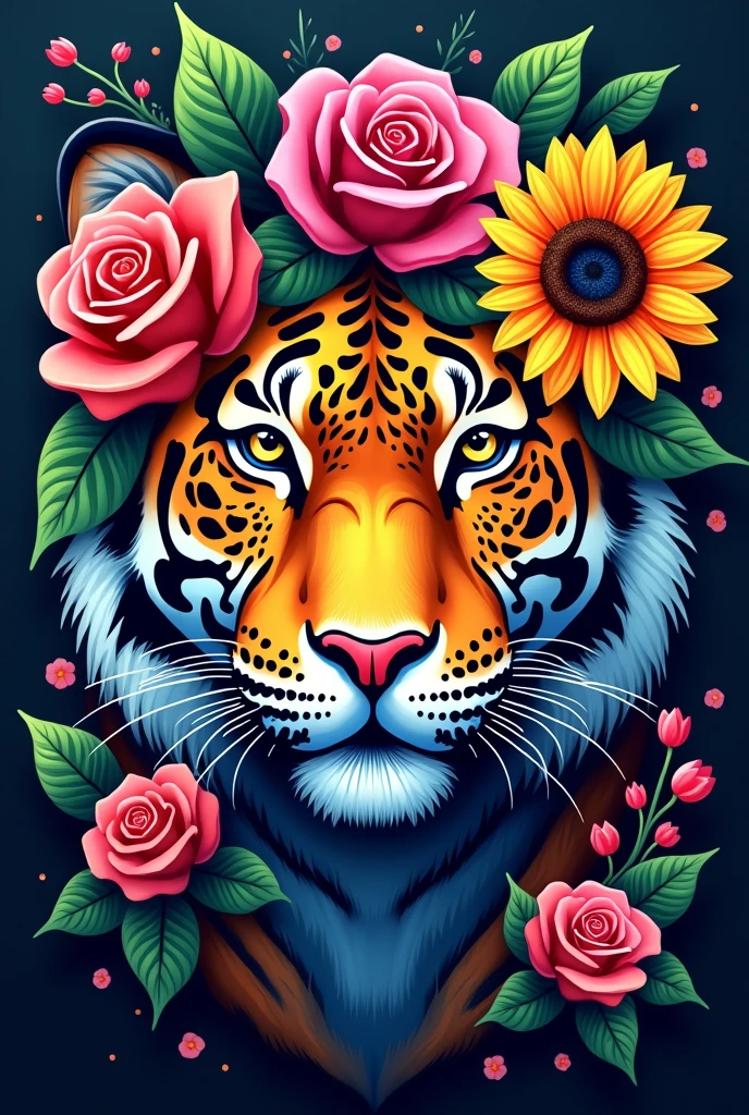 Create a fantastic Amazonian jaguar. A mix of jaguar and tiger,leopard spots on the face, flowers in the head, sunflower, lilies, daisy, roses, color full, rainbow colours,spectacular, vibrant, no signature, no watermark